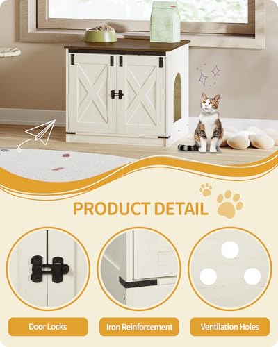 Hzuaneri Cat Litter Box Enclosure, Hidden Litter Box Furniture with Divider | Wooden Cat Cabinet with Removable Dividers, Reversible Entrance Left or Right Side, Cat Washroom, Rustic White Brown CB84514X - color: Rustic White and Brown, size: 23.6"L x 19.