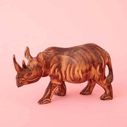 Large Wood Animal Sculptures Set for Room Decor, Giraffe, Hippo, Rhino, Lion and Elephant Statues, Brown - size: Set of 5