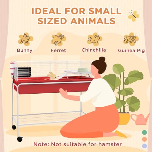 PawHut Two-Story Small Animal Cage Removable from Stand, Guinea Pig Cage with Shelf & Wheels, Pet Habitat for Hedgehog, Chinchilla, Ferret, 39" x 20.5" x 36.5", Red | Removable from Stand, Guinea Pig Cage, Pet Habitat for Hedgehog, Chinchilla, Ferret - co