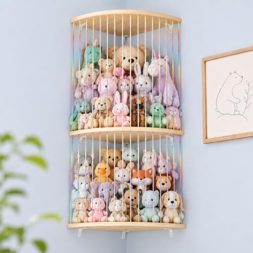 Stuffed Animal Storage Hammock, Wood Stuffed Toy Holder, Playroom Nursery Toy Storage Organizer, Decorative Wall Hanging Caddy Corner Stuffed Animal Net, Soft Toy Net for Kids Room Décor - style: Rainbow three-layered fan shape