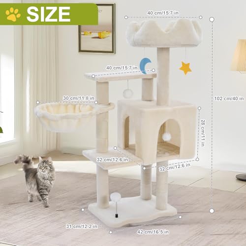 Cat Tree Tower with Hammock,40"Cat Trees for Indoor Cats Large Adult(White) | Modern Cat Tree Tower with Scratching Post, Cats Condo Furniture with Cloud Top Perch, Cats Climbing Tower for Kittens - color: White