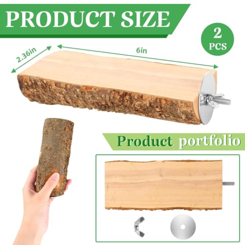 2 Pcs Natural Apple Wood Bird Perch Platform for Cage | Fits Small Parrots (Budgies, Conures) | Flat Top & Bark Underside to Support Foot Health | Tool-Free Mount
