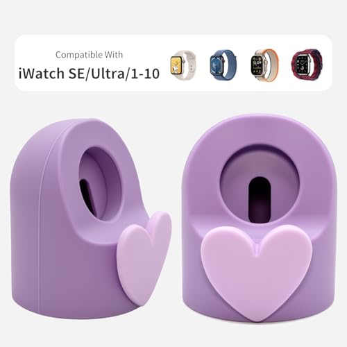 Cute Lovely 3D Love Heart Charger Stand Compatible with Apple Watch Series 10/9/8/SE2/SE/Ultra2/Ultra/7/6/5/4/3/2/1, Silicone iWatch Charging Dock Supports Nightstand Mode - color: Watch-Purple-Love