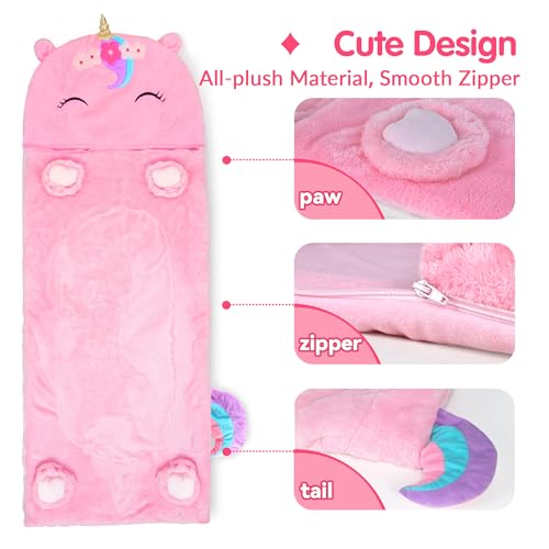 iPlay, iLearn Kids Unicorn Sleeping Bag, Toddler Girl Daycare Plush Nap Mat | 2 In 1 Animal Slumber Bag, Pink Pillow, Happy Travel Sleepover Preschool Birthday Gift for Age 3 4 5 6 7 8 10 12 Child Teens - style: Unicorn