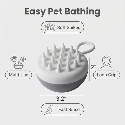 Dog Bath Brush, Gray Silicone Scrubber with Soft Spikes and Loop Handle for Shampooing, Compact Round Grooming Tool for Tub Sink or Shower Use
