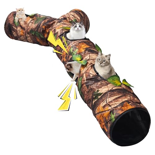 Foldable 3 Way Cat Play Tunnel for Indoor Cats,Cat Tunnel Toy | Camouflage Tree Bark Cat Tube with Peek Hole & Crinkle Paper ,Interactive Play Toy for Cat Kittens, Rabbits & Small Animals - color: 59"-Cat Tunnel Toy Brown