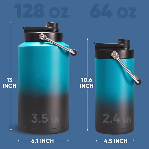 Fijinhom One Gallon Insulated Water Bottle for Travel: 2-in-1 Straw and Spout Lid, Keep Cold 24Hrs, Leakproof, 128oz Water Jug With Handle, Vacuum Stainless Steel for Sports, Hiking, Trip(Black&Blue) - color: Indigo/Black, size: 128 Ounces