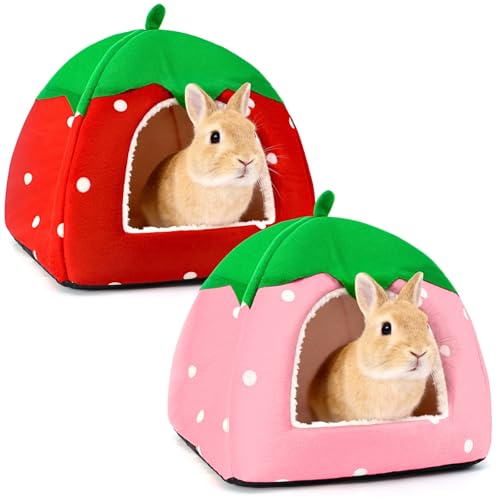 2 Pack Rabbit Hideout, Washable Bunny Bed with Removable Pee Pad, Plush Indoor Rabbit House, Adorable Strawberry Design Small Animal Hideaway for Guinea Pig, Red & Pink - color: Red and Pink