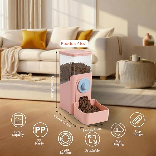 41 oz Hanging Gravity Feeder for Small Animals, Rabbits & Guinea Pigs | Adjustable Cage Height | No-Open-Cage Refill | Space-Saving | Clear Reservoir | Versatile Food Compatibility - color: Pink