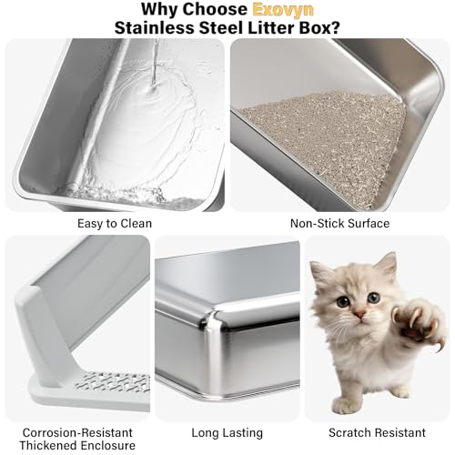 Stainless Steel Litter Box with Lid,Kitten Litter Box for Small Cats | Open Top Low Entry Litter Box,Metal Kitty Litterbox,Odor Control,Anti-Leakage, Non-Sticky, Includes Mat&Scoop,17.5x13.6x8in, - color: M:17.5"L x 13.6"W x 8"H
