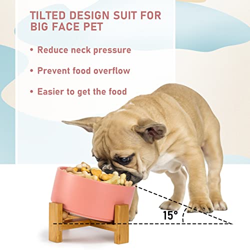 SPUNKYJUNKY 15° Slanted Ceramic Dog and Cat Bowl with Wooden Stand, Tilted Bulldog Food and Water Bowl No Slip Non-Spill for Cats Medium Dogs Big Face Pets 28.7 OZ (3.6 Cups,Pink) - color: Pink, size: 3.6 CUPS × 1