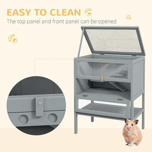 PawHut 3-Tier Wooden Hamster Cage Mice and Rat Cage Gray | Small Animals Hutch, Openable Top, Storage Shelf - color: Gray