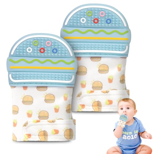 2Pack Silicone Teething Mitt, Hamburger Baby Teething Toy for 0-6 6-12 Months, Food Grade Silicone Infant Teething Mitten, BPA-Free Baby Chew Toys for Pain Relief, Sucking Needs - color: Blue Hamburger