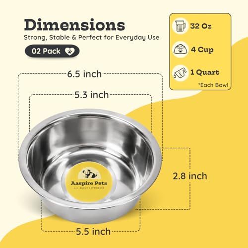 2 Pack Shallow Stainless Steel Cat & Dog Bowls, 4 Cup (32oz) Each, Heavy Duty Small Pet Only Puppy Kitten & Birds Feeder Replacement Bowl, Rust Resistant Metal Cat Dishes for Food & Water - size: 4 Cup (32oz)