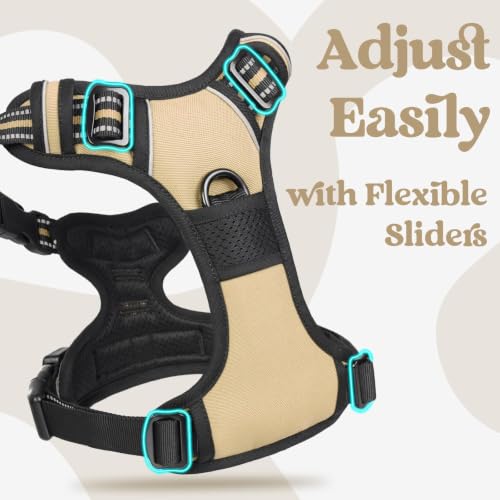 rabbitgoo Dog Harness Medium Sized, Updated Easy On & Off with 3 Buckles | No Pull No Choke, Walking with 2 Clips and Handle, Adjustable Soft Reflective, Beige, Medium - color: Beige, size: Medium