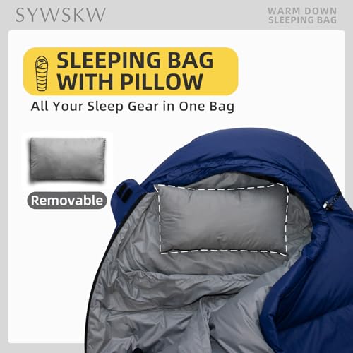 Down Sleeping Bag with Pillow for Backpacking,15℉ 5℉ 0℉ Wide Down Sleeping Bag (86.6 in x 33.5 in) for Adults,Youth Camping and Hiking Outdoor with 680FP Duck Down - color: Blue (1200g filling down)