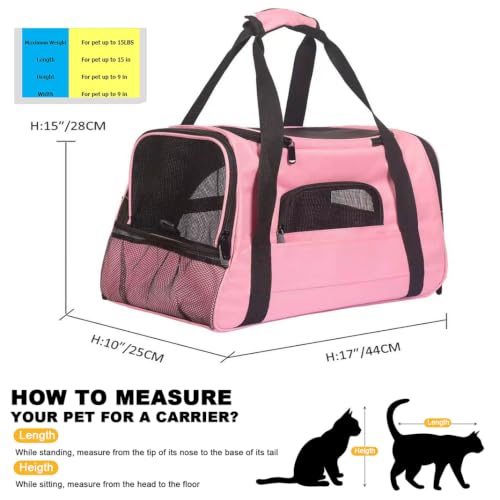 Pink Soft-Sided Cat Carrier, Airline Approved Pets Carrier for Big Cats & Small Dogs, Soft Kitten Travel Bag with Mesh Windows, Animal Carrier Up to 15 Lbs (Pink, Small) - color: Pink