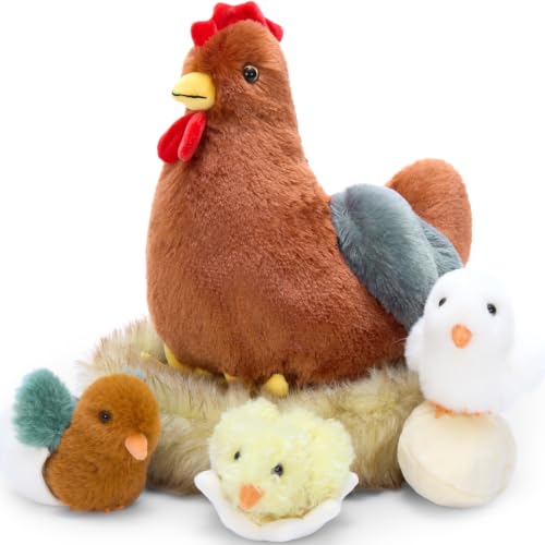 7Pcs Chicken Plush Toy with Babies, 14" Hen Stuffed Animal Set | Mother Chicken Plushie with 3 Chicks, 2 Eggs & 1 Nest; Farm animal Plush; Hide-and-Seek Play; Christmas Easter Gift for Kids - style: Chicken Brown