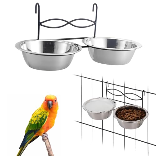 kathson Hanging Bird Bowls for Cage, 2 PCS Stainless Steel Metal Pet Food Water Dishes with Holder Feeder Cage Coop Hook Feeder Cups for Birds, Parrots, Small Sized Dogs and Cats (4.3 Inch Dia) - size: 4.3 Inch Dia