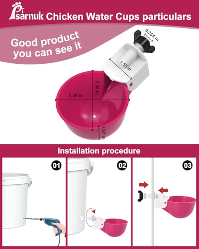 Chicken Waterer Cups (8 Pack) with 3/8" Drill Bit - Purplish Red | Automatic Poultry Drinker Feeder Kit for Chickens, Ducks, Turkeys, Quail, Bunnies | DIY Gravity Fed Bucket Water Dispenser - color: Purplish Red, size: 8 Pack + Drill bit