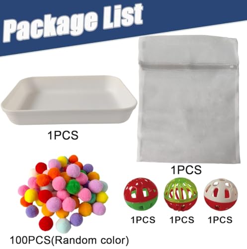 Hedgehog Dig Box Enrichment Cage Accessories, Funny Dig Box Toys, Interactive Foraging Tray with Laundry Bag, 3 Bell Balls & 100 Colorful Pom Poms, for Hedgehogs, Hamsters, Ferrets, Kittens