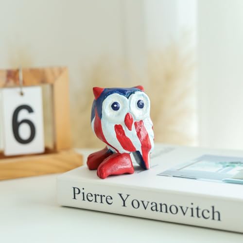 Hand Carved Wooden Owl Figurine, Rustic Farmhouse Home Decor, Wooden Animal Sculpture, Unique Gift for Owl Lovers (Vingtage White/Red/Blue Owl) - color: Vingtage White/Red/Blue Owl