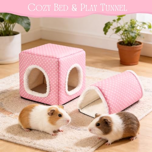 Guinea Pig Hideout, Dwarf Rabbit Bed with Play Tunnel, Washable Fleece House for Dwarf Bunnies, Chinchillas, Hedgehogs, Small Animal Cage Accessories Pink Dot - color: Pink