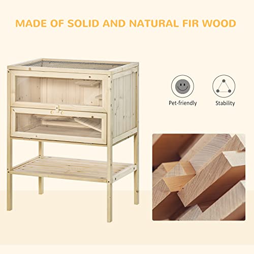 PawHut 3-Tier Wooden Hamster Cage Mice and Rat Cage Small Animals Hutch with Openable Top, Front Door, Storage Shelf, Natural Wood | Small Animals Hutch, Openable Top, Storage Shelf - color: Natural Wood