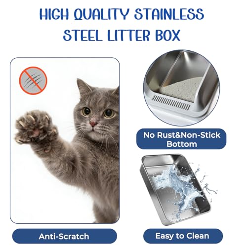 2 Pack Stainless Steel Cat Litter Box with Lid, High Wall Kitty Litter Box for Small Cats, Metal Kitty Litter Box, Non-Sticky, Anti-Leakage, Easy Cleaning, Include Cat Mat and Scoop, 17.2"x13.2"x7.7" - color: 2 Pack Grey
