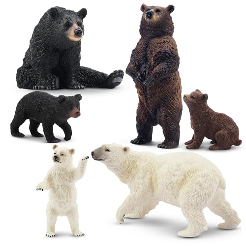 Toymany 6PCS Realistic Bear Figurines Set - Plastic Bears Toy with Grizzly, Black Bear, Polar Bear and Cubs, Wild Animals Figures Education Toy Cake Toppers Christmas Birthday Gift for Kids Toddlers - style: Bears (Brown, Black, Polar)