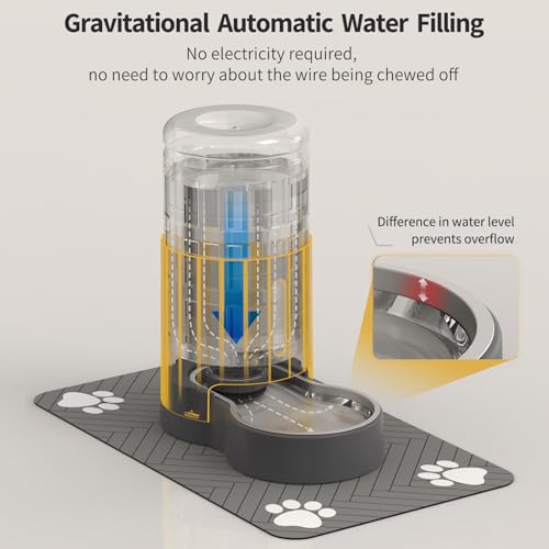 JUNSPOW Cat Water Dispenser with Placemat and Stainless Steel Bowl (4L) | Automatic Gravity Water Dispenser for Cats or Small Medium Size Dogs, Large Capacity, Easy to Clean - color: Grey, size: 4L + Mat