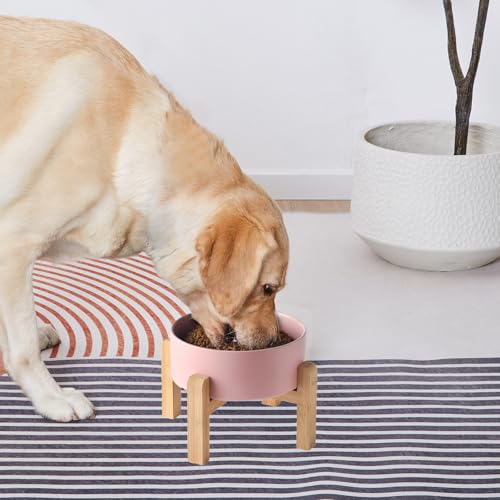 6'' Ceramic Raised Dog Bowl - 30Oz Dog Food & Water Bowl with Elevated Non-Slip Bamboo Stand, Dishwasher & Microwave Safe, Anti Vomiting Heavy Duty Pet Bowl for Small and Medium Dogs, Pink - color: 1 x Bowl + Stand - Pink, size: 6 inch
