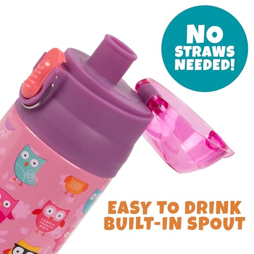 Bentology Stainless Steel 13 Oz Reusable Water Bottle for Kids, Owl | Double Wall Insulated, Spill Proof Lid W/Built-in Straw- Keep Liquids Hot or Cold- Easily Fits in Lunch Boxes & Bags - color: Owl