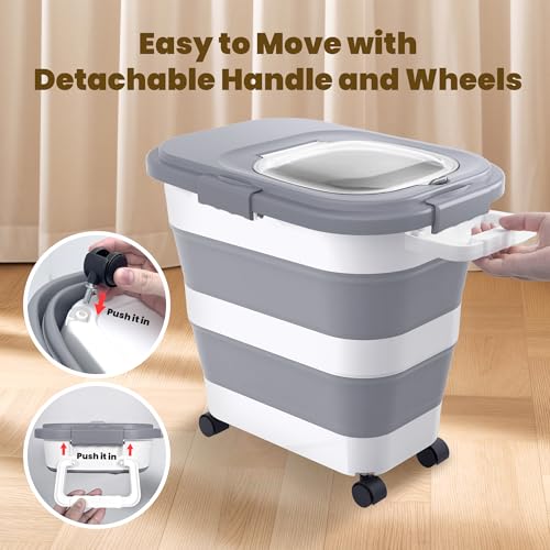 HOYTAMDA 25-35Lbs Collapsible Rice Container,Food Storage Containers Wheels | Rice Storage Container with Airtight Clear Lid,Handle,Small Bin &Scoop,Rice Dispenser for Flour Sugar Cereal Dog Cat Food - color: Grey/25-35lbs