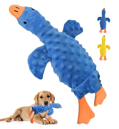 Squeaky Plush Dog Toy for All Breeds, Multifunctional Goose Dog Toy with Honking Sound, Crinkle Paper, Treat Pocket, Durable Soft Stuffed Animal for Chewing, Cuddling, Interactive Play (Blue) - color: Blue