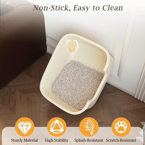 Large Cat Litter Box with High Sides, Side Entry Open Top Deep Tall Litter Pan, Kitty Litter Box for Indoor Small and Medium Cats, Creamy White (Anti-Splashing) 19.7" L x 15.4" W x 8.6" H - color: Creamy White