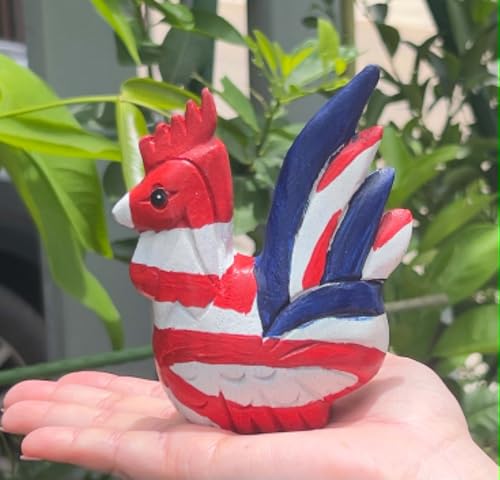 Hand Carved Wooden Rooster Figurine, Rustic Farmhouse Home Decor, Wooden Animal Sculpture, Unique Gift for Rooster Lovers (Vingtage White/Red/Blue Rooster) - color: Vingtage White/Red/Blue Rooster