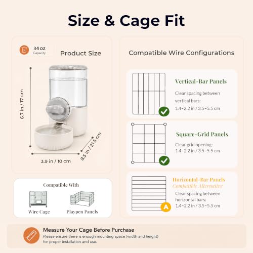 34 oz Hanging Water Dispenser for Small Animals, Guinea Pigs & Rabbits | Secure Mount | Adjustable Height | One-Way Flow | Outside Refill | Easy Cleaning - color: Gray