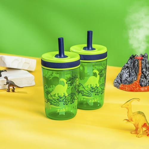 Zak Designs Kelso 15 oz Tumbler Set, (Dino Camo) Leak-Proof Screw-On Lid with Straw Made of Durable Plastic and Silicone, Perfect Cup Bundle for Kids (2pc Set) | BPA Free, Plastic, Sippy Cups, Cup Holder Friendly, Dishwasher Safe, Easy to Clean, Dinosaur,