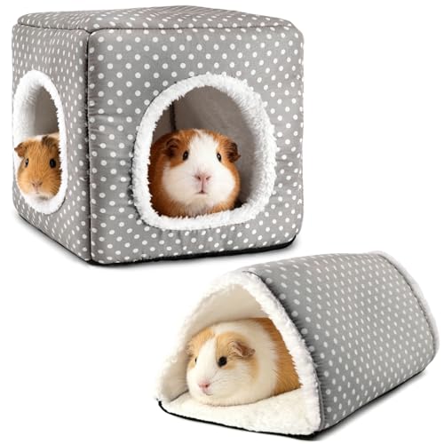 Guinea Pig Hideout, Dwarf Rabbit Bed with Play Tunnel, Washable Fleece House for Dwarf Bunnies, Chinchillas, Hedgehogs, Small Animal Cage Accessories Gray Dot - color: Grey