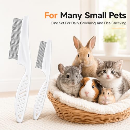 2Pcs Flea Combs, Fine Tooth Rabbit Brush, Stainless Steel Rounded Teeth Bunny Brush for Grooming, Guinea Pigs, Cats, Dogs, Chinchillas, Ferrets and Rabbits