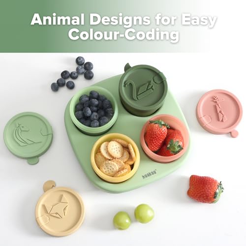 Haakaa Silicone Baby Food Containers, 4oz/120ml Baby Food Jars with Leakproof Animal Lids and Tray, Freezer-Safe Storage for Homemade Purees, Snacks & Meal Prep, 4 Pack, Spring Green Tray - color: Spring Green Tray