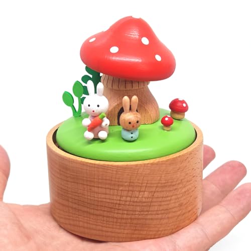 Mushroom House Mini Music Box, Palm Sized Rabbit Mushroom Wooden Mechanical Musical Box, for Mother Friend Grandmother