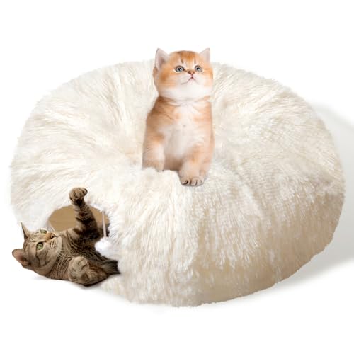 Peekaboo Cat Cave with Washable Mat, Collapsible Cat Play Tunnel for Kittens & Small Pets, Plush Cat Donut Bed Tunnel, Beige - color: Beige