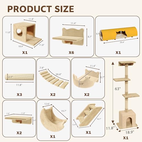 26-in-1 Cat Wall Shelves with Cat Tree, 40''L Tunnel, Moon, Beige | Wall Mounted Cats Furniture Set with Plush Fabric, Cat Climbing Systems for 16 Inch Drywall, with Scratching Posts, Bridge - color: Beige, size: 26-in-1