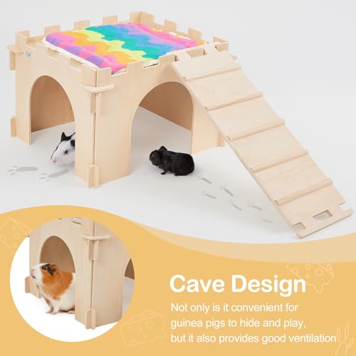 Unicorn Catcher 1 Pack Wooden Guinea Pig Hideout House with Stairs & Mats | Wooden Bunny Castle Hideout With Stairs And Soft Mats Perfect For Ferrets Chinchillas And Small Animals In Cages - size: 1 House