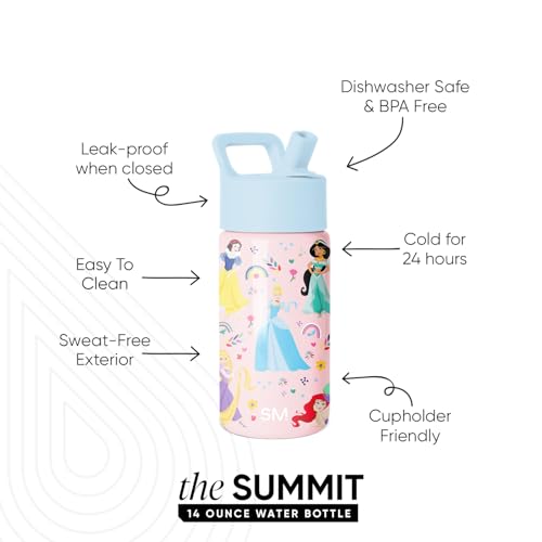 Simple Modern Disney Princess Kids Water Bottle & Toddler Cup | 14oz | Insulated Stainless Steel Princess Rainbows Toddler Water Bottle, Kids Tumbler with Straw | Spill Proof for School Girls Boys - color: Disney-Princess Rainbows, size: 14 Ounces