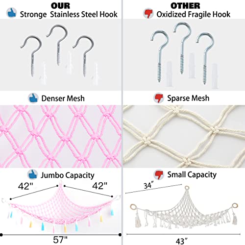 Stuffed Animal Net or Hammock with Light,Yewiwin Macrame Hanging Net Hammock for Stuffed Animal Toy Storage Organizer Boho Decor Room Holder for Nursery Play Room Bedroom (Pink) - color: Pink(42"*42"*57")