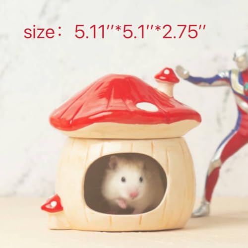 Ceramic Mushroom Hamster Hideout with Detachable Lid (Red) - Cute Hamster House, Habitat Decor for Dwarf Rabbits, Guinea Pigs, Chinchillas, and Small Pets