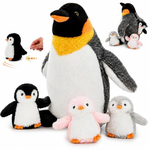 Penguin Plush with 3 Babies, 14 Inch Wind Up Stuffed Animal Set | 4Pcs Stuffed Penguin; Mother and Baby Plushies; Wind-Up Penguin Toy; Zipper Belly Storage; Christmas Birthday Gift for Kids - style: Penguin Black